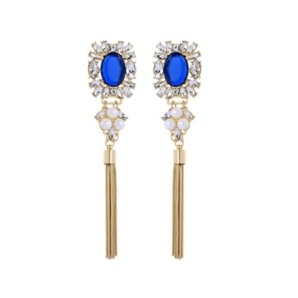 Blue Rhinestone Crystal Pearl Tassel Fringe Gold Clip On Statement Earrings - Picture 1 of 13